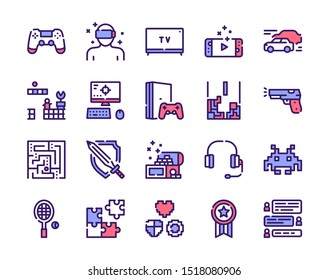 Leisure activities colorful linear icons set. Modern pastime, digital entertainment thin line contour symbols. Various gamer devices and video game genres isolated vector outline illustrations