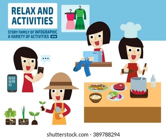 leisure activities concept.
infographic elements.
flat cute cartoon design illustration.
