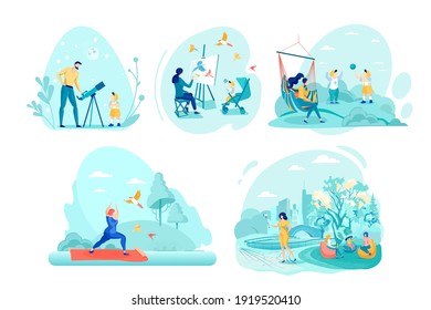 Leisure Activities Flat Vector Illustrations Set. Father and Son Studying Stars and Moon. Mother Drawing Picture, Playing with Baby, Watching Sons Play Ball. Women Training and Relaxing in Park