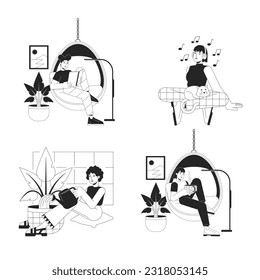 Leisure activities at home bw vector spot illustration set. Rest women 2D cartoon flat line monochromatic characters for web UI design. Relaxing alone editable isolated outline hero image pack