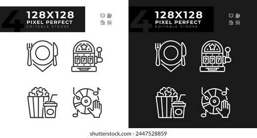 Leisure activities linear icons set for dark, light mode. Casino slot machine. Music player, food snacks. Thin line symbols for night, day theme. Isolated illustrations. Editable stroke