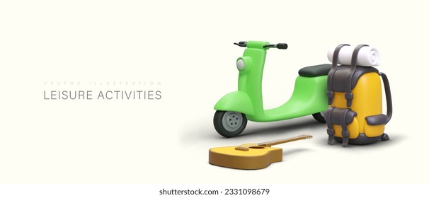 Leisure activities. Outing to nature. Realistic electric scooter, backpack, guitar. Fun weekend outside city. Entertainment for family, company, couple. Template on light background, place for text