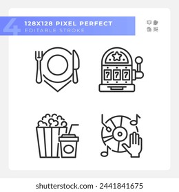 Iconos lineales perfectos de pixel de las actividades de ocio. Máquina tragaperras de casino. Reproductor de música, aperitivos. Símbolos de línea fina personalizables. Ilustraciones aisladas de contorno vectorial. Trazo editable