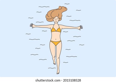 Leisure activities and relaxation concept. Flat-lay of young happy female cartoon character relaxing in sea ocean or swimming in pool in bikini vector illustration, top view