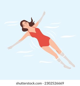 Leisure activities and relaxation concept. Flat-lay of young happy female cartoon character relaxing in sea ocean or swimming in pool in bikini vector illustration, top view