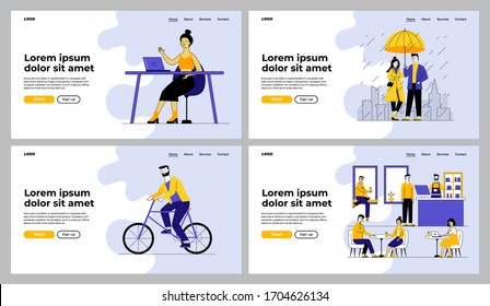 Leisure and activities set. People walking outdoors, riding bike, visiting cafe. Flat vector illustrations. Lifestyle, communication concept for banner, website design or landing web page