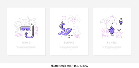 Leisure Activities And Sport - Line Design Style Banners With Place For Your Text. Diving, Surfing And Fishing Themes. Linear Illustrations With Icons. Different Types Of Holidays And Vacation