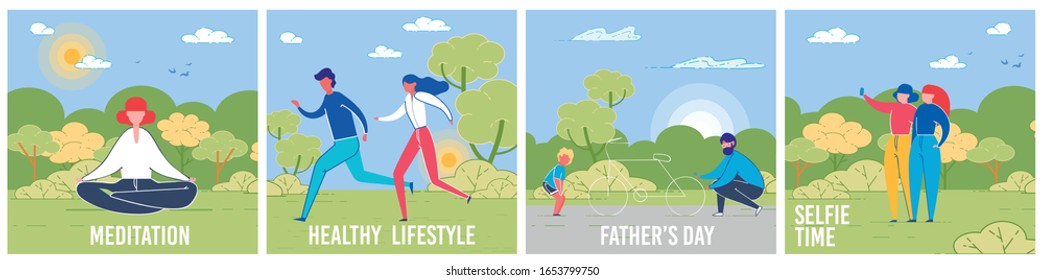 Leisure Activities Vector Social Media Banners Set. Meditating woman, Running couple, Son with Father and Friends Cartoon Characters. Relaxing Yoga, Jogging, Father Day and Selfie Online Posts Pack