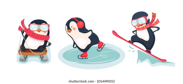 Leisure activities in winter. Winter sports illustration. Active penguins vector set