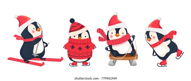 Leisure activities in winter. Winter sports illustration. Penguin