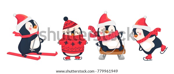 Leisure activities in winter. Winter sports\
illustration. Penguin