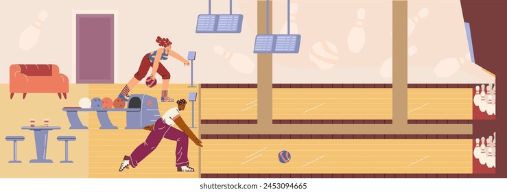 Leisure activity concept. Vector illustration of a bowling alley scene with players enjoying the game and score monitors.