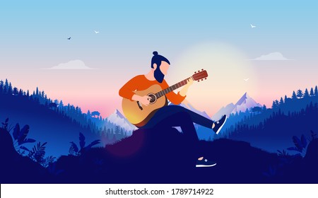 Leisure activity guitar playing outdoors - Hipster man with beard practicing singer songwriter music alone with beautiful view of nature, forest and mountains. Vector illustration.