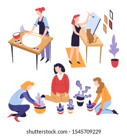 Leisure activity and hobby, planting and cooking or baking, painting, isolated characters vector. Women and indoor potted plants, girl rolling up dough. Female character with canvas and paintbrush