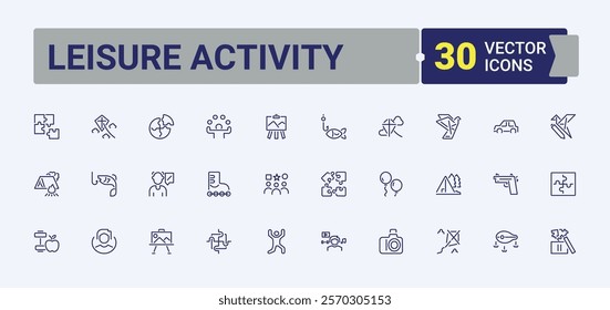 Leisure Activity icons set in linear style. Icons train, game, ball, phone, camera and more. Minimalistic icons. Editable stroke.