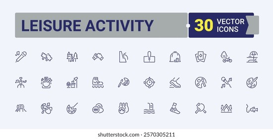 Leisure Activity icons set in linear style. Icons train, game, ball, phone, camera and more. Minimalistic icons. Editable stroke.