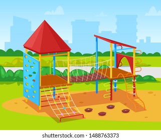 Leisure and activity for kids, and for children in city park. Cityscape with skyscrapers and igh buildings, construction with ropes and challenges. Vector illustration in flat cartoon style