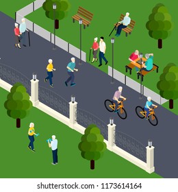 Leisure activity of pensioners at outdoor sport board game with friends walking in park isometric vector illustration