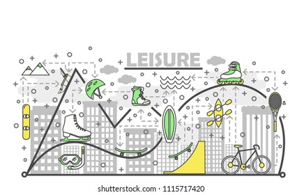 Leisure activity poster banner template. Vector thin line art flat style design icons for website banners and printed materials.