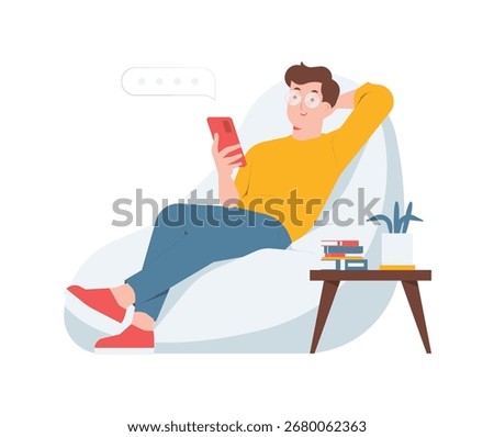 Leisure activity relaxed man browsing with phone and sitting back on beanbag chair concept illustration