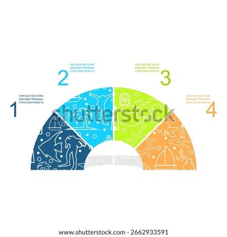 Leisure activity and vacation. Diver, fish, ship, palm and lifeguard tower. Four features or option of project to select. Minimal infographic illustration for travel information visualization.
