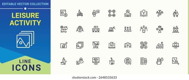 Leisure Activity vector line icon set. Featuring adventure, hobby, interest, gardening, cycling and more. Activity modern icon set. Set of line pictogram. Editable vector.