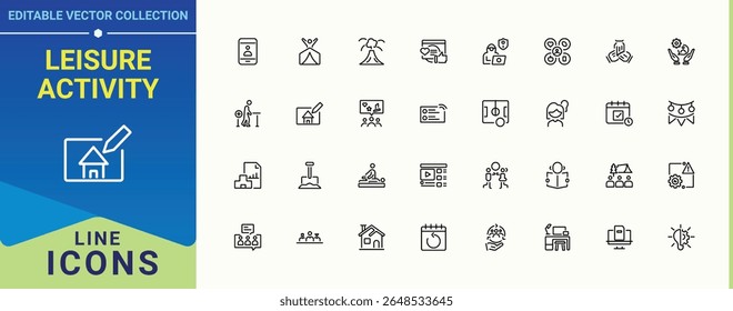 Leisure Activity vector line icon set. Featuring adventure, hobby, interest, gardening, cycling and more. Activity modern icon set. Set of line pictogram. Editable vector.
