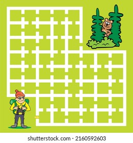 Leisure activity,game, labyrinth, tourist and bear in nature, funny vector illustration