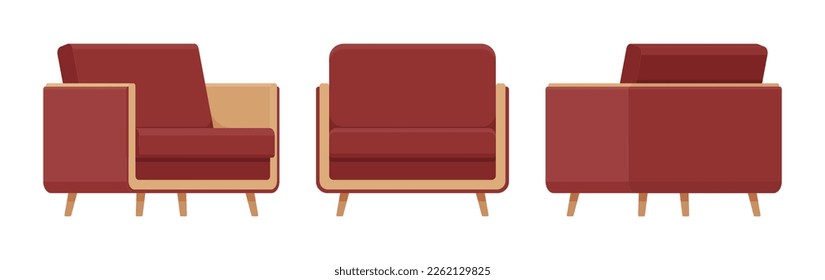 sillón de descanso, mullida silla de lectura conjunto marrón. Sofás mullido de tela moderna para vivir, sala de conferencias, dormitorio, estudio. Hogar de dibujos animados de estilo plano vectorial, artículos de negocios aislados, fondo blanco