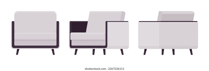 Leisure armchiar, comfy reading chair light set. Soft seat modern fabric sofa for living, conference room, bedroom, studio. Vector flat style cartoon home, business articles isolated, white background