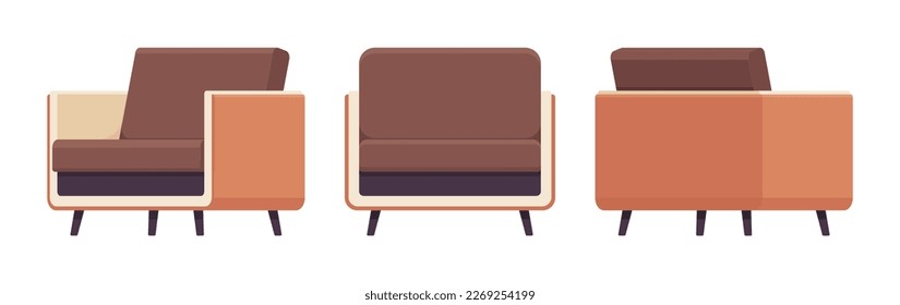 sillón de descanso, mullida silla de lectura conjunto marrón. Sofás mullido de tela moderna para vivir, sala de conferencias, dormitorio, estudio. Hogar de dibujos animados de estilo plano vectorial, artículos de negocios aislados, fondo blanco