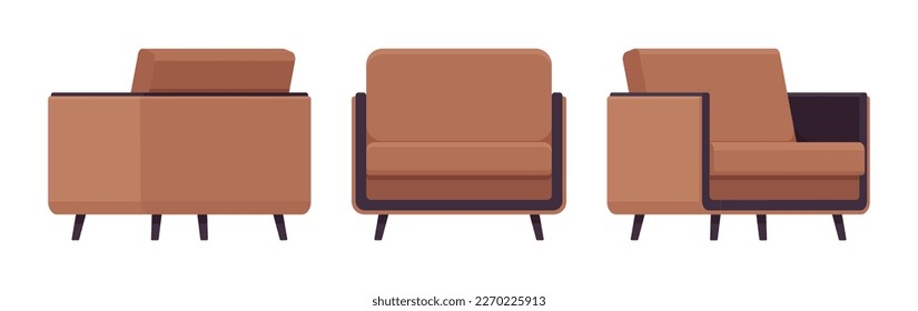 sillón de descanso, mullida silla de lectura conjunto marrón. Sofás mullido de tela moderna para vivir, sala de conferencias, dormitorio, estudio. Hogar de dibujos animados de estilo plano vectorial, artículos de negocios aislados, fondo blanco