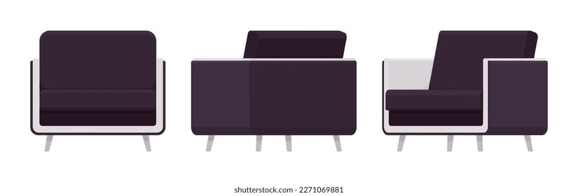 Leisure armchiar, comfy reading chair black set. Soft seat modern fabric sofa for living, conference room, bedroom, studio. Vector flat style cartoon home, business articles isolated, white background