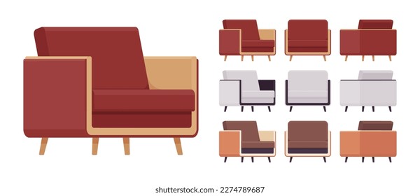 Leisure armchiar, comfy reading chair big set. Soft seat modern fabric sofa for living or conference room, bedroom, studio. Vector flat style cartoon home, business articles isolated, white background