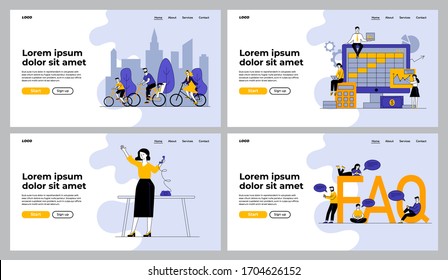 Leisure, business, online activities set. People riding bikes, presenting reports, using phones. Flat vector illustrations. Communication concept for banner, website design or landing web page