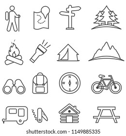 Leisure, Camping, Recreation And Outdoor Activities Line Icon Set