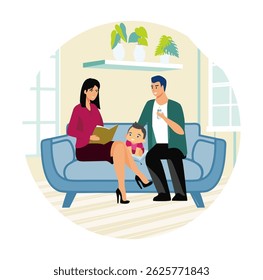 Leisure With Child. A loving family enjoying quality time together in a comfortable living room, showcasing care and happiness shared among parents and their child.