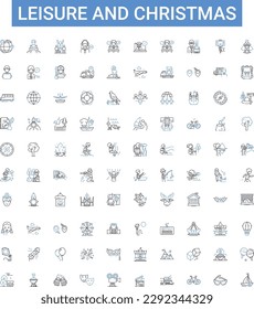 Leisure and christmas outline icons collection. Christmas, Leisure, Shopping, Decorating, Trees, Gifts, Trees vector illustration set. Snowman, Holidays, Celebrations line signs