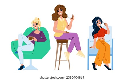 leisure coffee woman chair vector. cup tea, arm comfort, lifestyle person leisure coffee woman chair character. people flat cartoon illustration