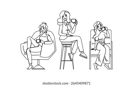 vetor da cadeira da mulher do café do lazer. chá da xícara, conforto do braço, pessoa do estilo de vida personagem da cadeira da mulher do café do lazer.
