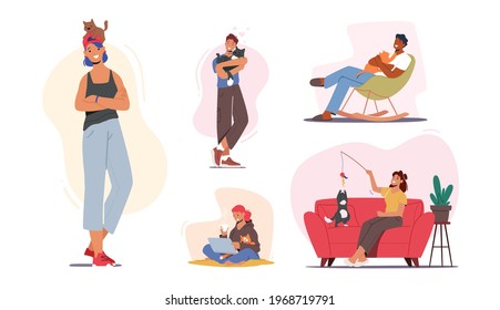 Leisure, Communication, Love, Care of Animals, Carefree Concept. People Caress of Pets. Male and Female Characters Holding Cute Cats, Woman and Man Owners Caring of Kitten. Cartoon Vector Illustration