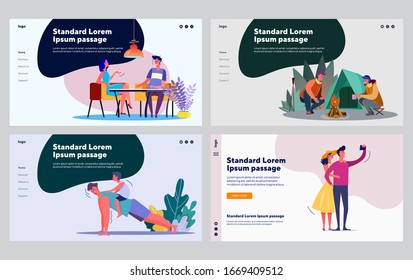 Leisure and communication set. Men dating, camping, spending time with child. Flat vector illustrations. Activity, lifestyle, relationship concept for banner, website design or landing web page