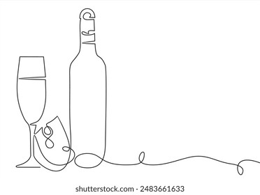 Leisure concept, wine time. Vine set Seamless Pattern. One line background cheese and vine bottle and glass. One line Continuous
