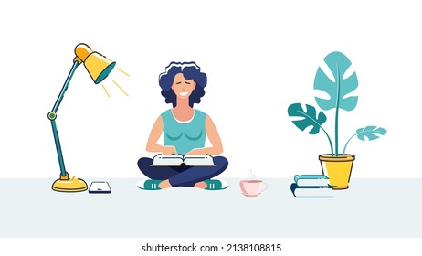 Leisure concept, young girl reading book and drinking coffee at work. Study, education. Female student studying at home, university, people. Cartoon characters flat style.Vector illustration, green