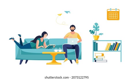 Leisure concept, young people drinking coffee at work. Work in a notebook, education. Students, a girl and a boy who read, study in different places. Cartoon outline flat style. Vector illustration