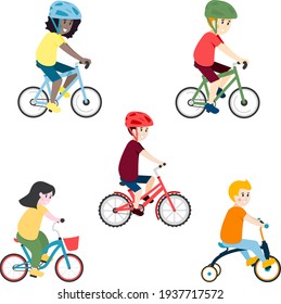 Leisure. A crowd of happy people. There are many active kids riding bicycles. Leisure activities on weekends. Vector color illustration in flat design.