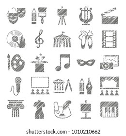 Leisure and cultural centres. Cultural events and the attributes of art. Monochrome icons. Hatch grey pencil on a white field. Simulation. Vector picture. 