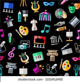 Leisure and cultural centres. Cultural events and the attributes of art. Colored icons on a black field. Vector picture. 