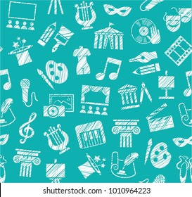 Leisure and cultural centres. Cultural events and the attributes of art. White icons on a turquoise field. Hatching a white pencil. Imitation. Vector picture. 