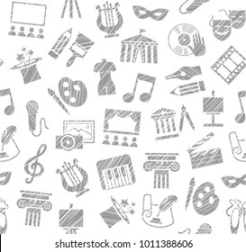 Leisure and cultural centres. Cultural events and the attributes of art. Gray icons on a white field. The gray shading with a pencil. Simulated texture. Vector picture. 